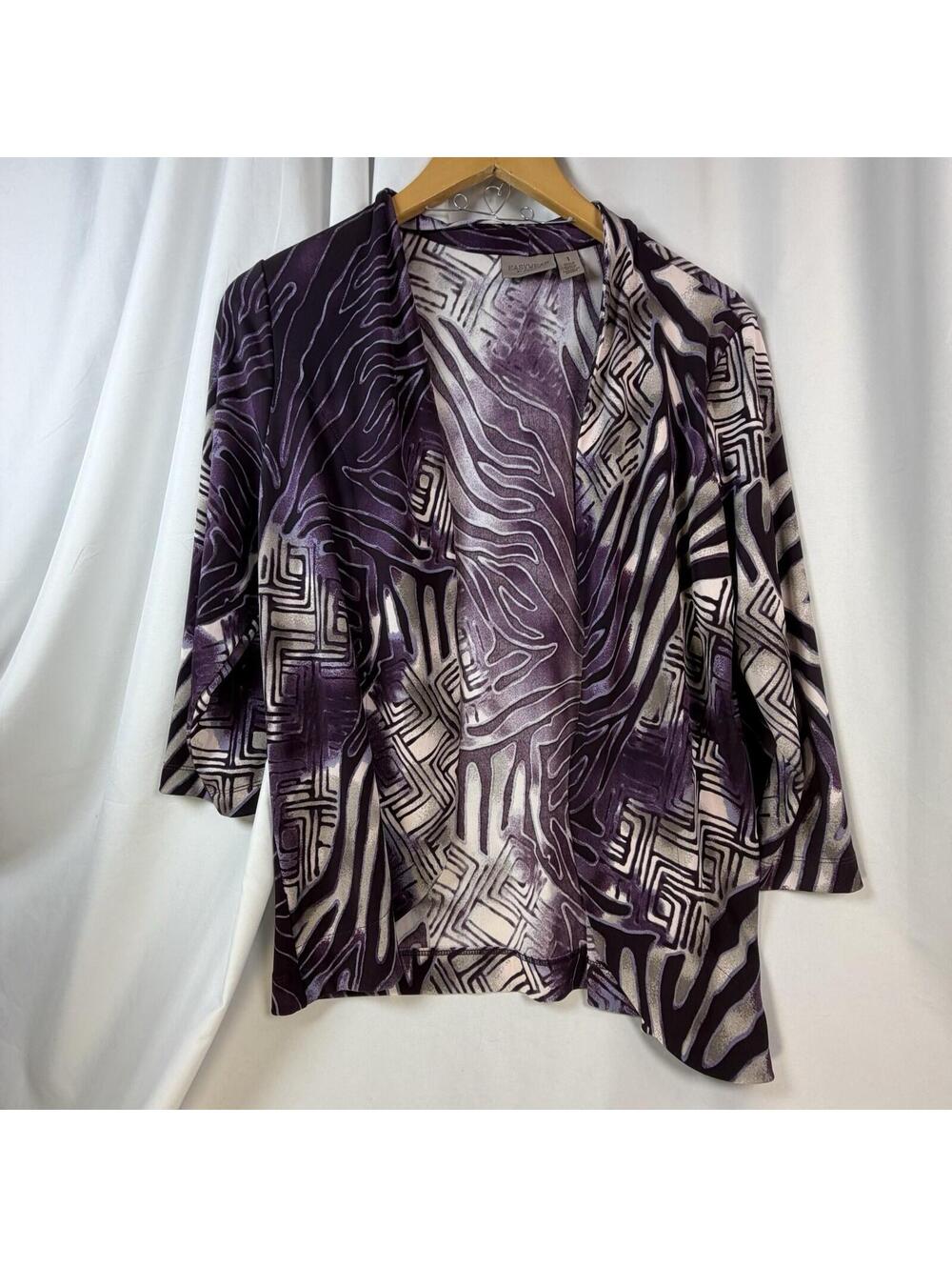 Chicos Easywear Cardigan Large Purple Stretch Open Career Abstract Zebra Sz 2